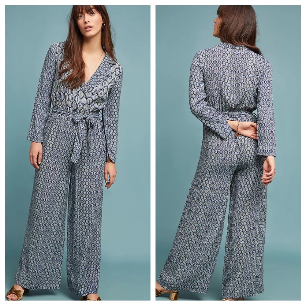 Anthropologie Blnk London Seine Green Printed Jumpsuit Medium Petite